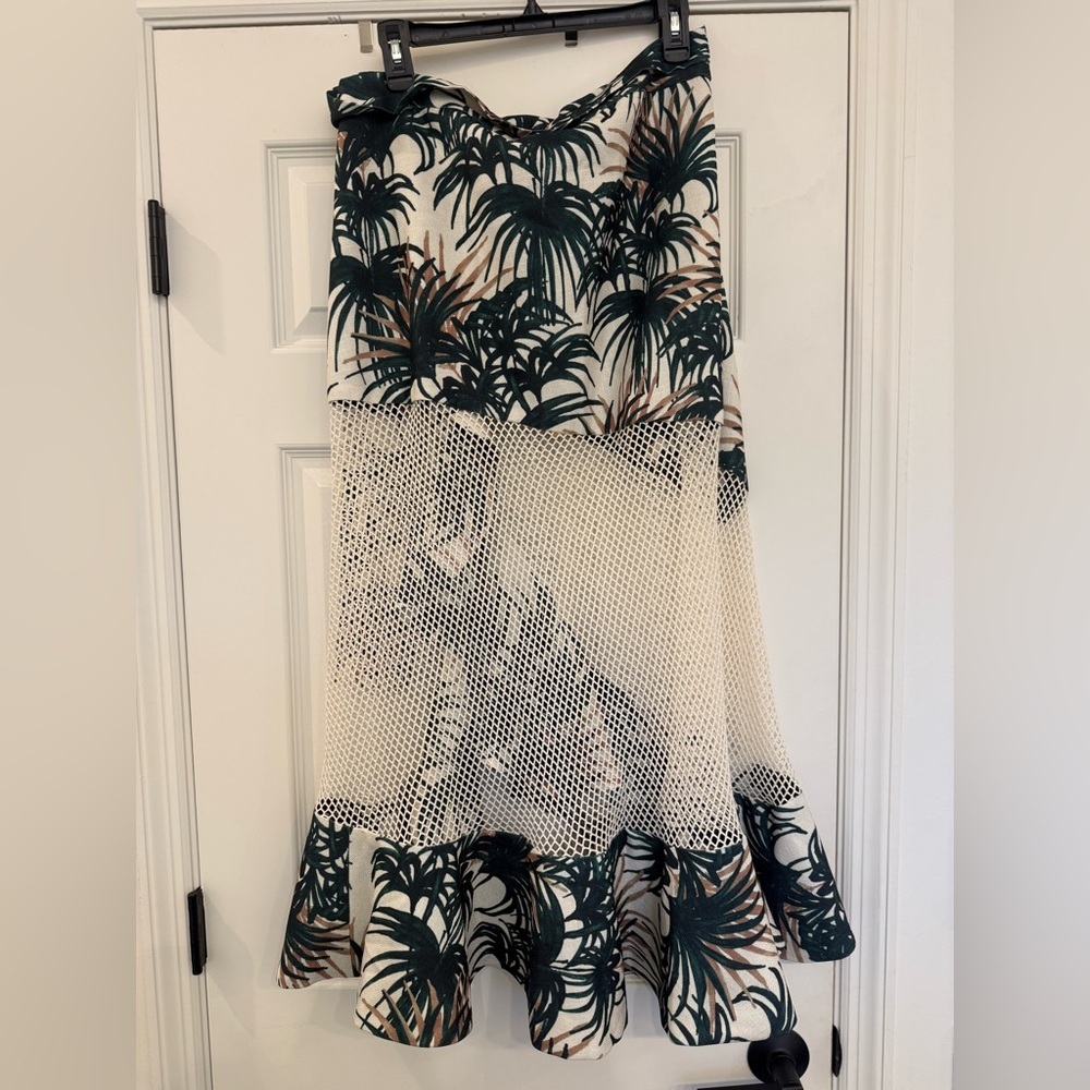 NWT PATBO Pua Ruffled Mesh-Panel Wrap Skirt Ivory/Green Palm Print Large - Picture 2 of 9